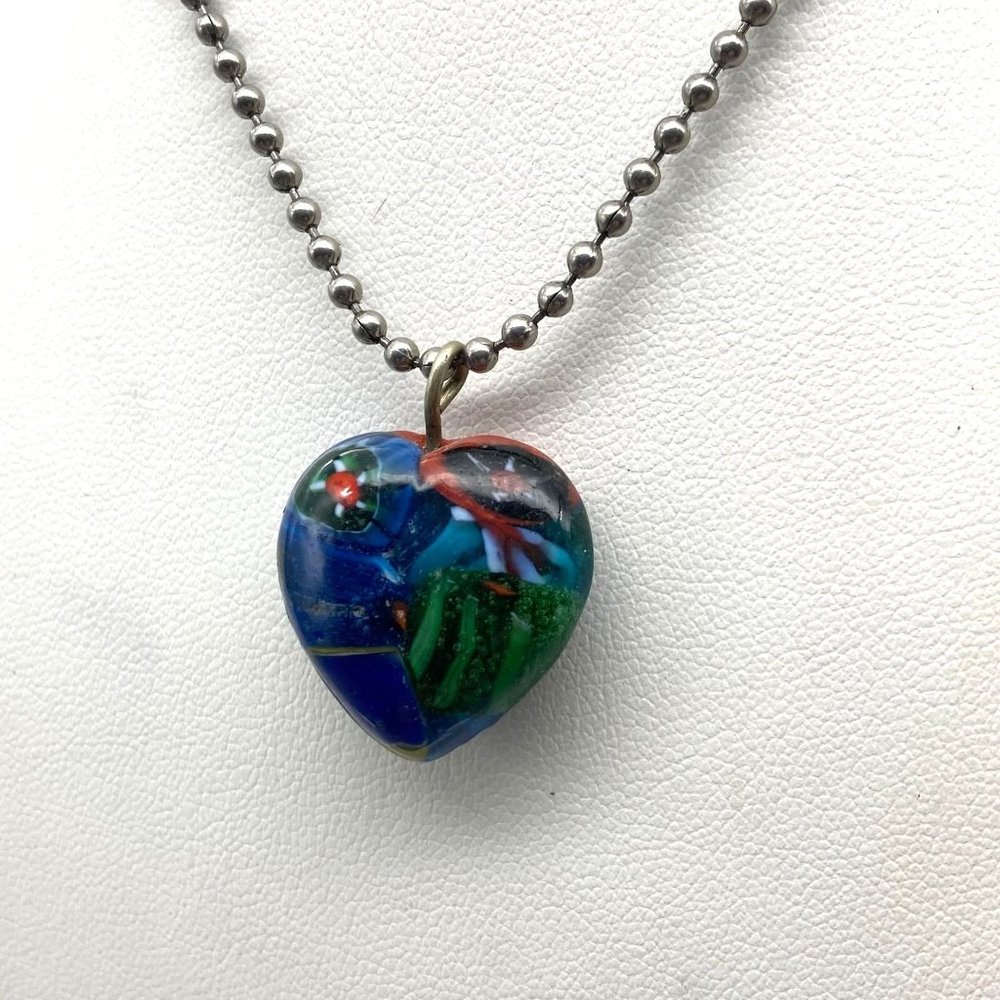 Vintage Art Glass Heart Pendant Necklace, Silver Tone Ball Chain